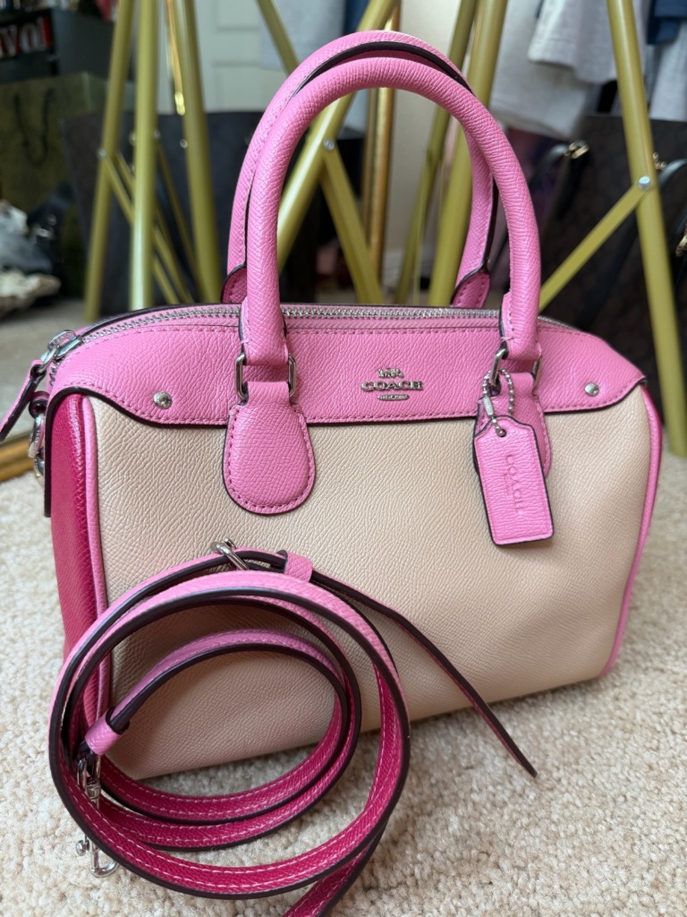 Coach Mini Bennett Satchel Pink Beige Crossbody Colorblock Leather 👛 Authentic 💕